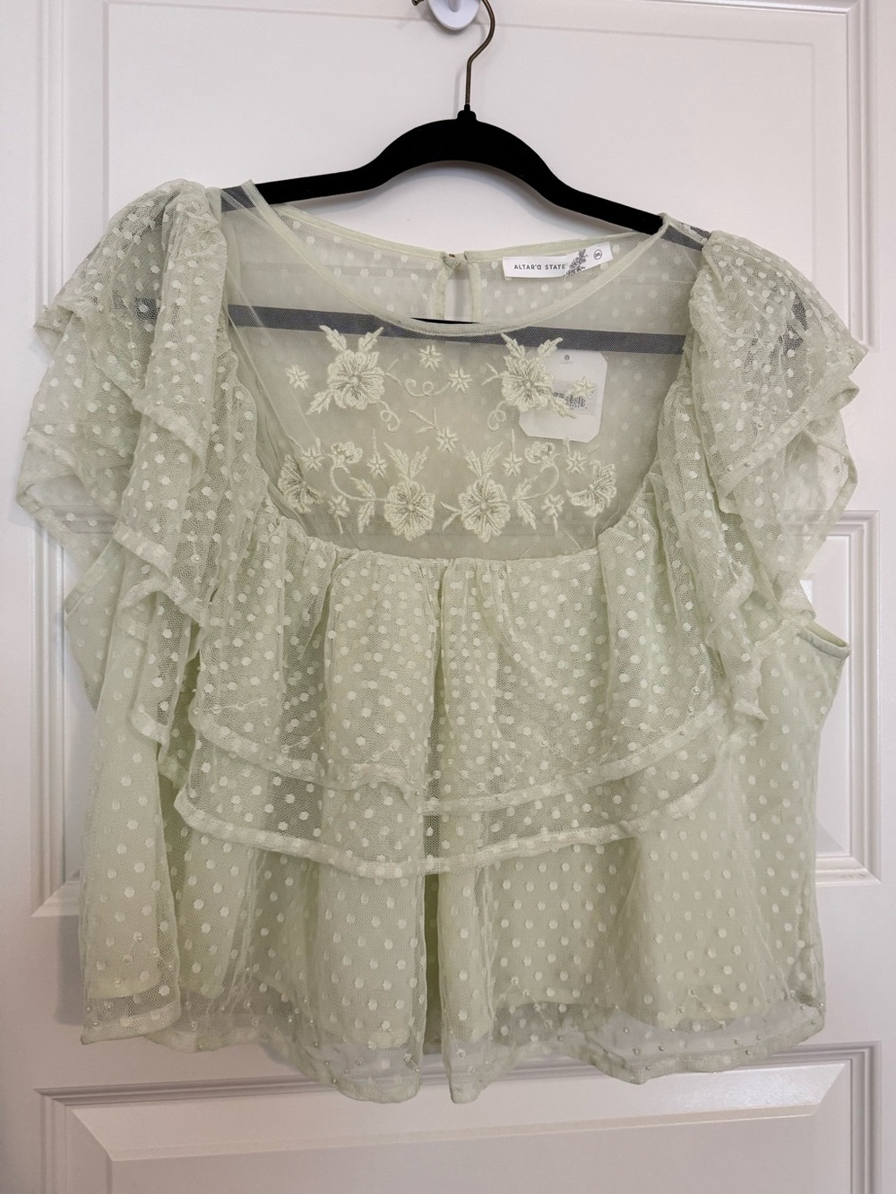 Altar'd State Pale Sage Sheer Polka Dot Embroidered Blouse